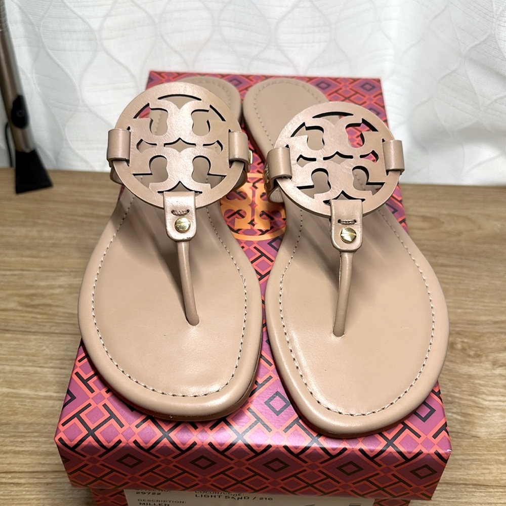 New Tory Burch Miller Sandals Calf Leather Light Sand various Size # 9 and 5.5 .